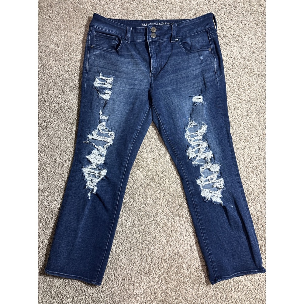 American Eagle Artist Crop Jeans 14 Super Super Stretch Distressed Dark Wash